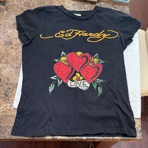 Ed Hardy Black Tee with Red and Yellow Heart Design